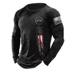 Men\'s 1776 Independence Day American Flag Print Long Sleeve Cotton T-Shirt