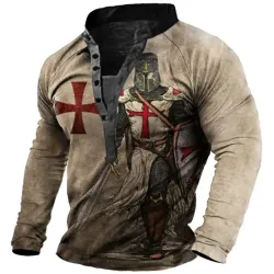 Men\'s Vintage Templar Cross Long Sleeve Henley T-Shirt