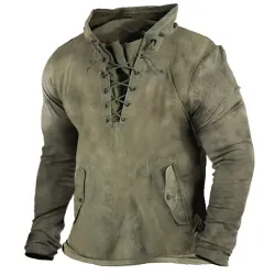 Men\'s Vintage Outdoor Tactical Lace-Up Hooded T-Shirt