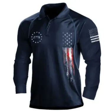 Men's 1776 Independence Day American Flag Graphic Print Long Sleeve Polo Shirt