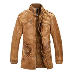 Men\'s Vintage Washed Stand Collar PU Leather Mid Length Biker Leather Jacket