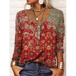 Round Neck Casual Loose Vintage Print Long Sleeve T-shirt