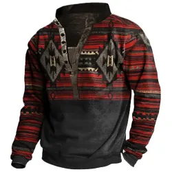 Men\'s Vintage Ethnic Print Henley Collar Sweatshirt