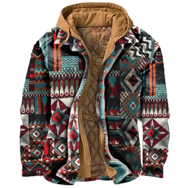 Men's Vintage Ethnic Print Thermal Hooded Casual Jacket