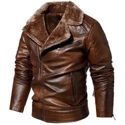 Men\'s Vintage Washed Distressed Casual Fleece Thermal Leather Jacket