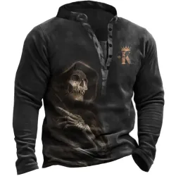 King Men\'s Crown Skull Reaper Print Long Sleeve Henry Henley Collar Sweatshirt