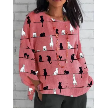 Casual Cat Print Crew Neck Long Sleeve Blouse