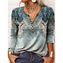 Round Neck Casual Loose Vintage Print Long Sleeve T-shirt