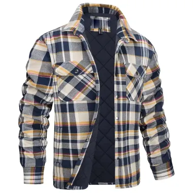 Men's Flannel Quilted Lining Padded Long Sleeve Button Check Jacket