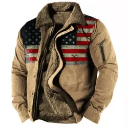 Men\'s Vintage American Flag Print Lining Plus Fleece Zipper Tactical Shirt Jacket