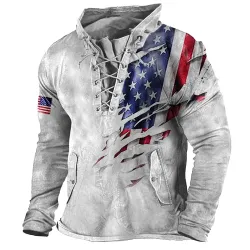 Men\'s Vintage American Flag Print Outdoor Tactical Lace-Up Hooded T-Shirt