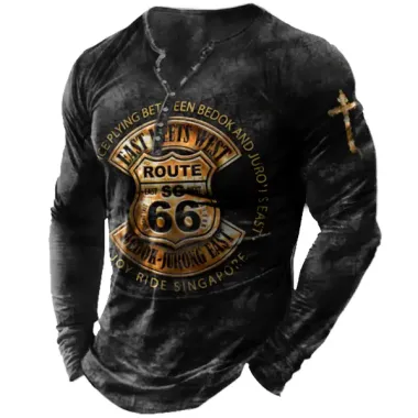 Men's Vintage Route 66 Print Henley Collar Top