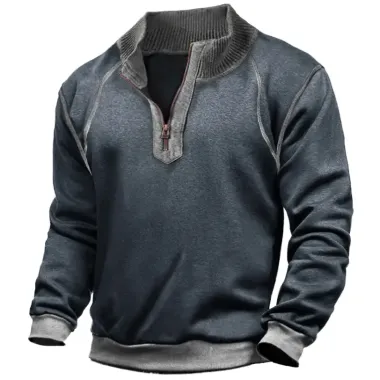 Men's Vintage Splicing Zip Stand Collar Scrimmage Sweatshirt