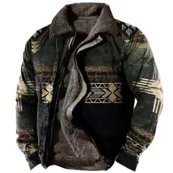 Men\'s Retro Ethnic Print Fleece Zipper Tactical Shirt Jacket