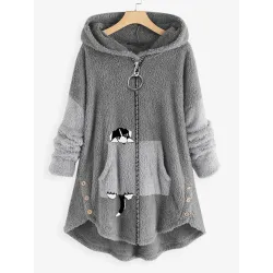 Casual Oversized Cat Print Zip Hooded Coat