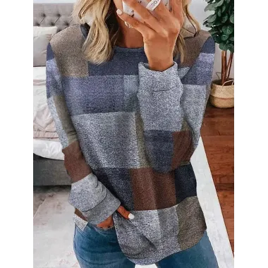 Round Neck Casual Loose Geometric Print Sweatshirt