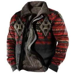 Men\'s Vintage Ethnic Print Fleece Zipper Tactical Shirt Jacket