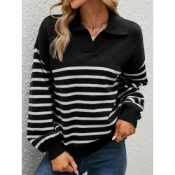 Casual Striped Contrast Lapel Long Sleeve Sweater