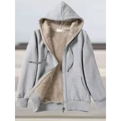 Casual Loose Solid Lambsool Zip Hooded Coat