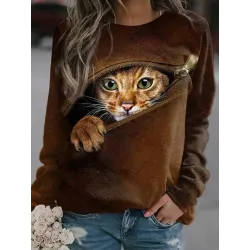 Round Neck Casual Loose Home Cat Print Sweatshirt