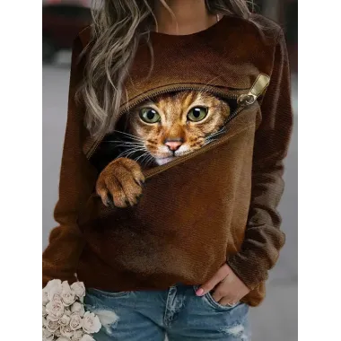 Round Neck Casual Loose Home Cat Print Sweatshirt