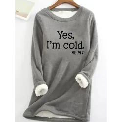 Casual Letter Print Plush Crew Neck Warm Long Sleeve T-Shirt