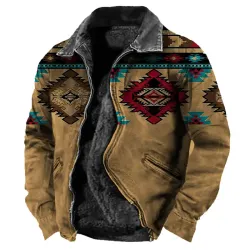 Men\'s Vintage Ethnic Print Zip Pocket Plush Lined Thermal Jacket