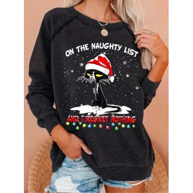 Women's Christmas Cat Print Crew Neck Sweatshirt