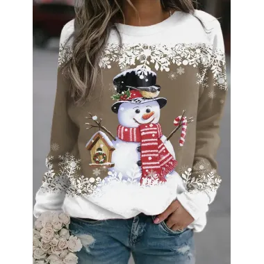 Women's Christmas Snowman 3D Print Crew Neck Casual Sweatshirt