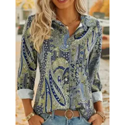 Casual Vintage Print Lapel Long Sleeve Shirt