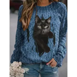 Round Neck Casual Loose Cat Print Sweatshirt