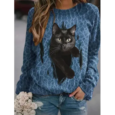 Round Neck Casual Loose Cat Print Sweatshirt