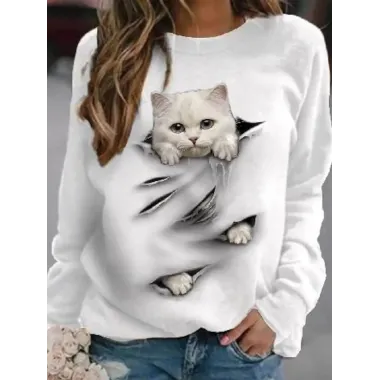 Round Neck Casual Loose Cat Print Sweatshirt