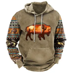 Men\'s Ethnic Geometric Western Buffalo Print Hoodie