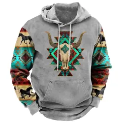 Men\'s Ethnic Geometric Western Cow Skull Print Hoodie