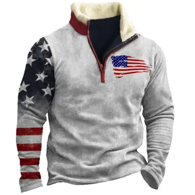 Men's American Flag Colorblock Zipper Stand Collar Sweatshirt