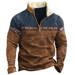 Men\'s Aztec Colorblock Zipper Stand Collar Sweatshirt