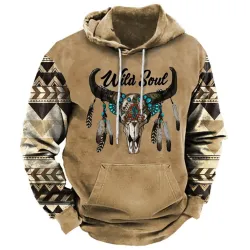 Men\'s Vintage Ethnic Wild Soul Boho Bull Skull Print Hoodie