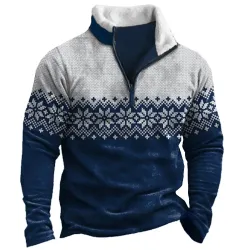 Men\'s Vintage Christmas Snowflake Colorblock Collar Zip Sweatshirt