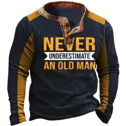 Never Underestimate An Old Man Men\'s Colorblock Henley Collar Sweatshirt