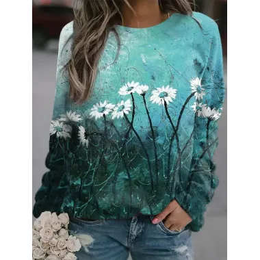 Round Neck Casual Loose Floral Print Sweatshirt