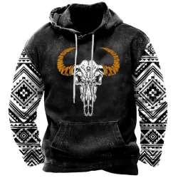 Men\'s Vintage Western Geometric Bull Skull Print Hoodie