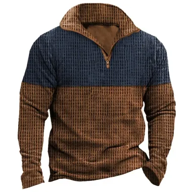 Men's Vintage Waffle Color Contrast Quarter Zip Sweatshirt