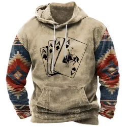 Men\'s Vintage Ethnic Cowboy Playing Cards Western Print Hoodie