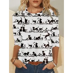 Casual Cat Print Round Neck Long Sleeve T-Shirt