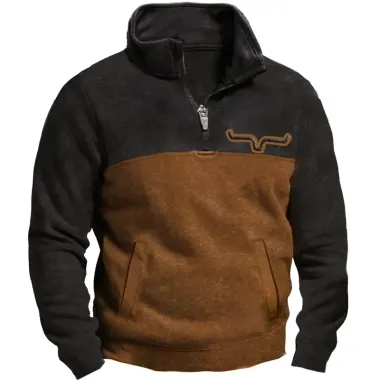 Men's Outdoor Cowboys Retro Colorblock Zip Mock Neck Sweatshirt