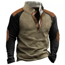 Men\'s Fleece Polar Colorblock Henley Stand Collar Sweatshirt