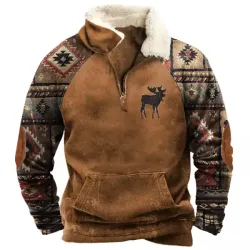 Men\'s Outdoor Ethnic Print Raglan Sleeves Polo Sweatshirt