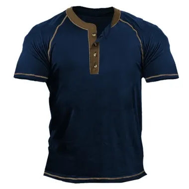 Men's Vintage Colorblock Henley Collar T-Shirt