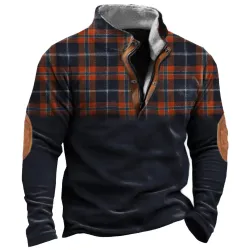 Men\'s Vintage Plaid Print Casual Colorblock Stand Collar Sweatshirt